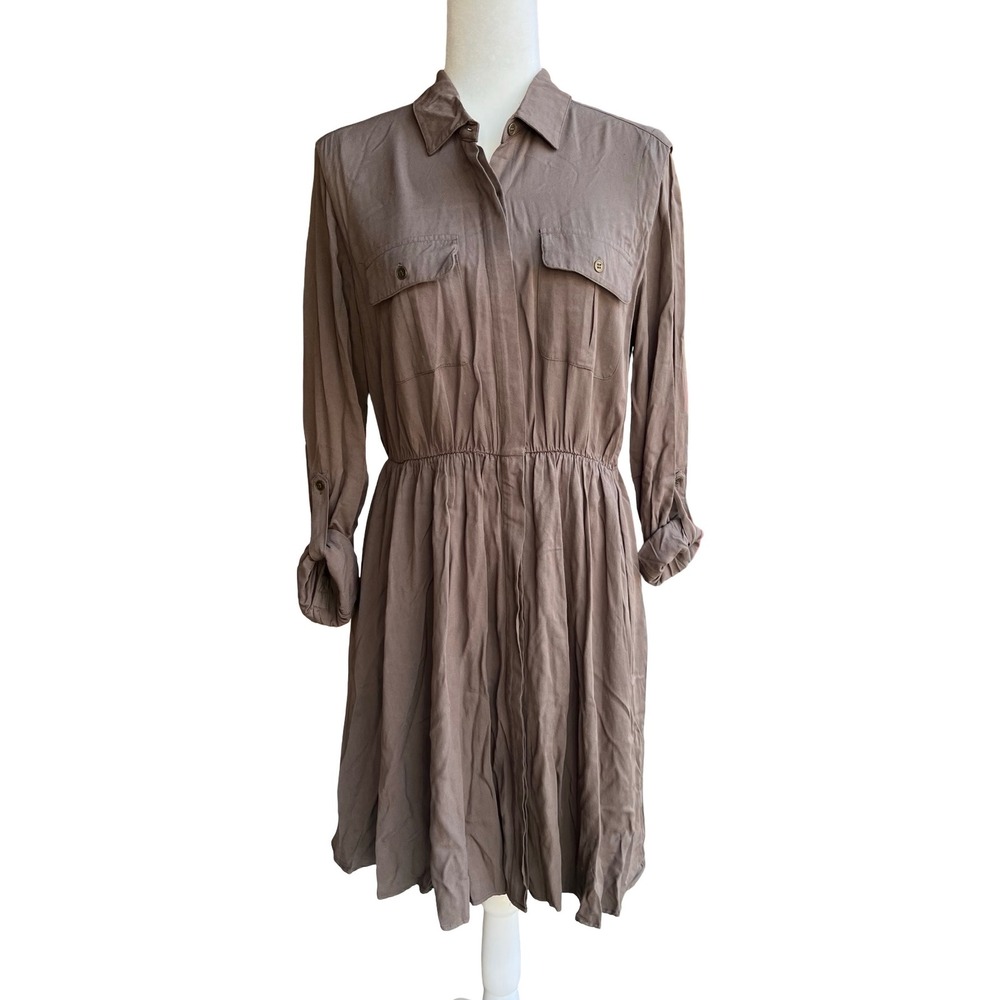 Maeve Anthropologie Dakota Brown Rayon Long-Sleeve Safari Utility Shirt M Dress